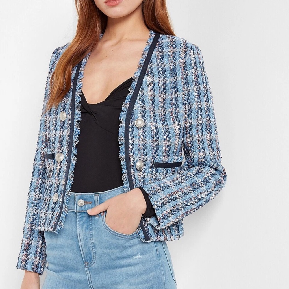 NEW EXPRESS  BLUE PLAID BOUCLE EYELASH TWEED JACKET NWT size XL